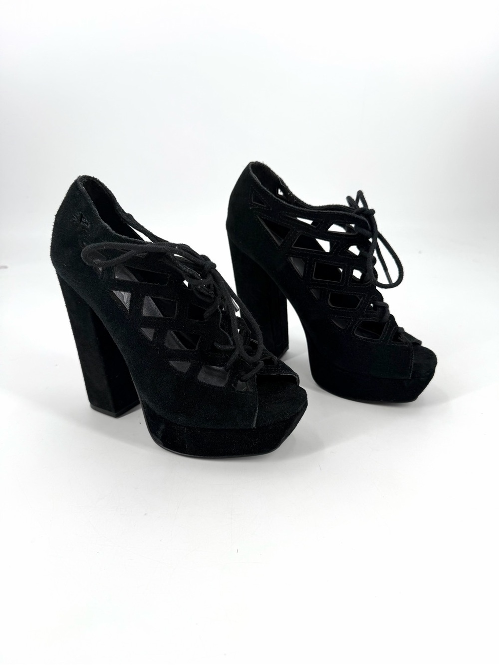 MIA JILLIE Platform Lace-Up Black Suede Y2K Pump Open Toe Sandal Heel